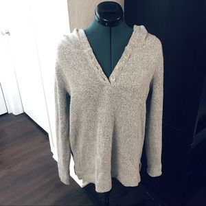 Soft Hooded Grey Knit Sweater with Henley Button Detail & High-Low Length